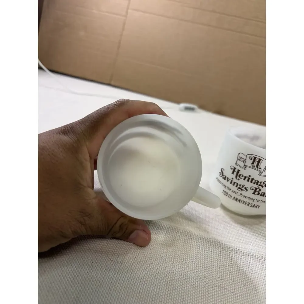 VTG. Federal Milk Glass Mugs Set Of 2 Heritage Savings Bank 1974 Heat Proof USA